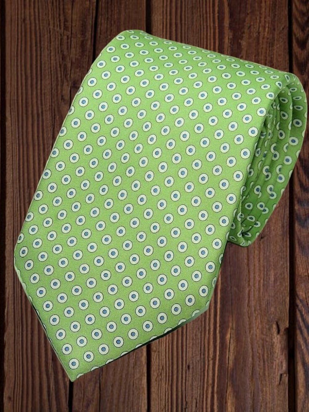 CHAPS RALPH LAUREN Green W/White Ovals Blue Dots All Silk Men's Tie EXCELLENT